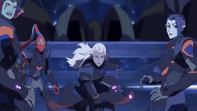 a cartoon character with white hair and yellow eyes is holding a sword in a dark room .