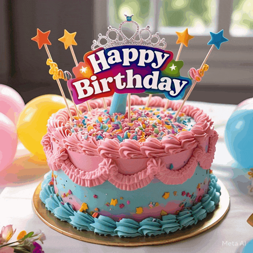 a birthday cake with a happy birthday sign on top