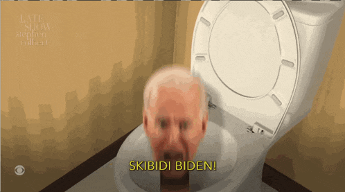 a man 's head is sticking out of a toilet and the words skibidi biden are above him