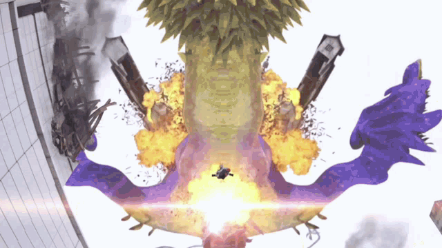 a purple and yellow explosion with a person flying in the air