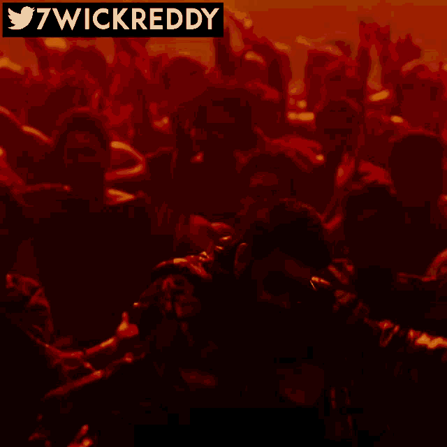 a man is dancing in front of a crowd with a 7wickreddy banner above him