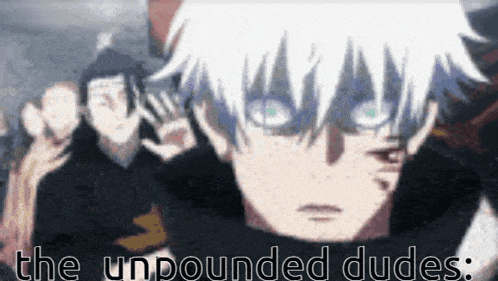 a man with white hair is standing in front of a group of people with the words the unpounded dudes written below him .