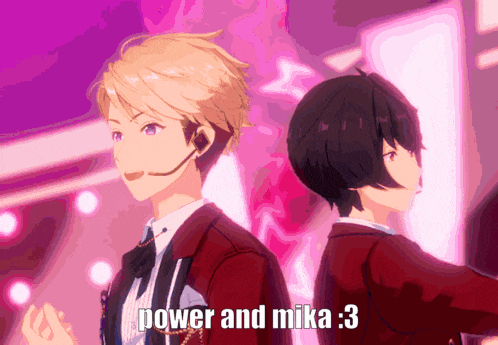 a couple of anime characters standing next to each other with the caption power and mika : 3