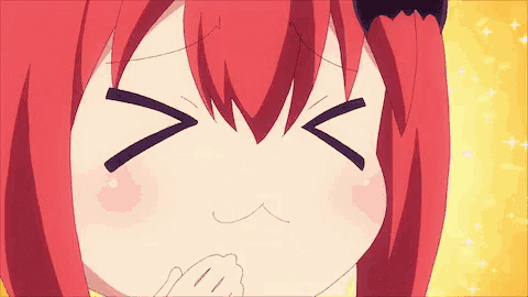 a close up of a red haired anime girl with her eyes closed .