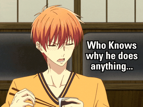 a man is holding chopsticks in front of a sign that says " who knows why he does anything ... "