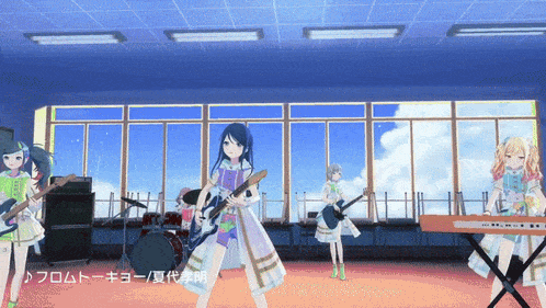 a group of anime girls are playing guitars in a room with a keyboard