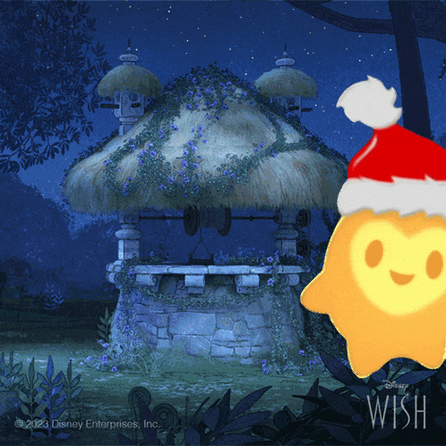a cartoon character wearing a santa hat is standing in front of a thatched hut from disney wish
