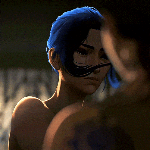 a cartoon character with blue hair and a tattoo on her back