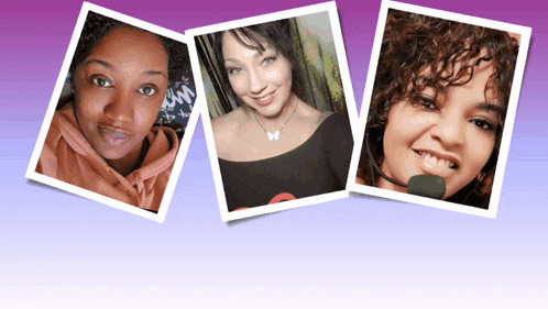 three pictures of a woman with a butterfly necklace and a microphone