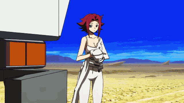a girl with red hair and white pants stands in the desert