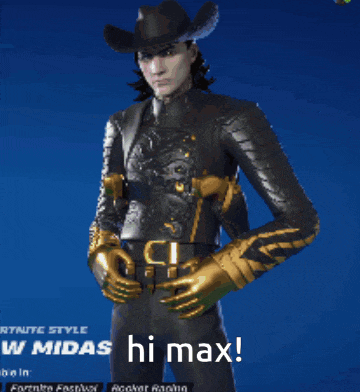a man with a cowboy hat and gold gloves is standing in front of a blue background that says fortnite style