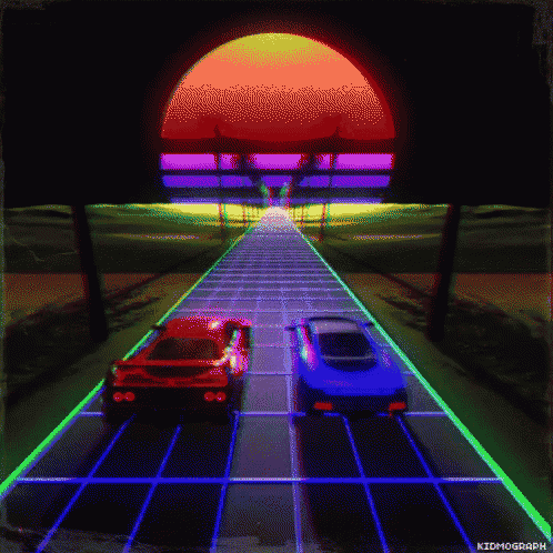 two cars are driving down a neon road in front of a sunset