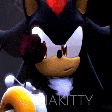 a shadow the hedgehog with a rose in his mouth and the word aoiakitty on the bottom
