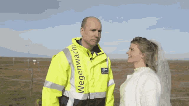 a man wearing a wegenwacht jacket stands next to a bride