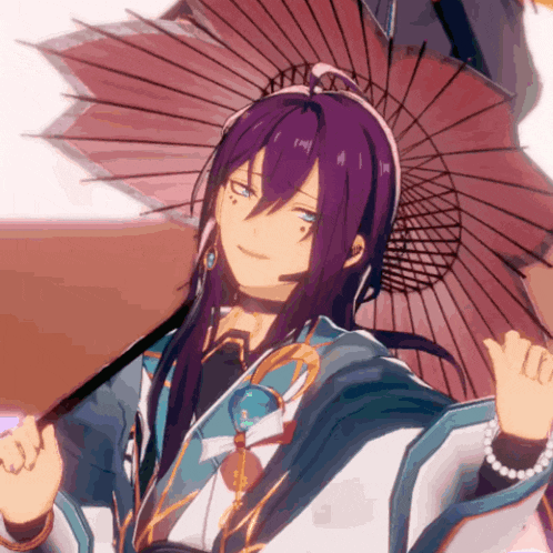 a purple haired anime character is holding a red umbrella