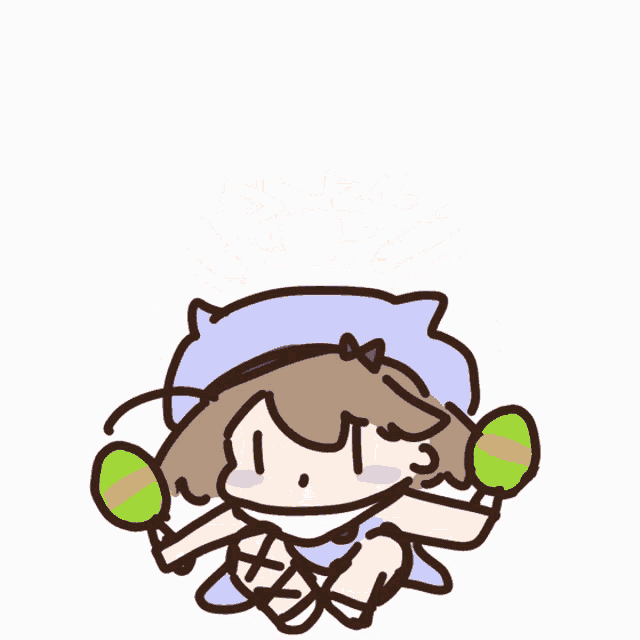a drawing of a girl in a blue dress holding a green ball