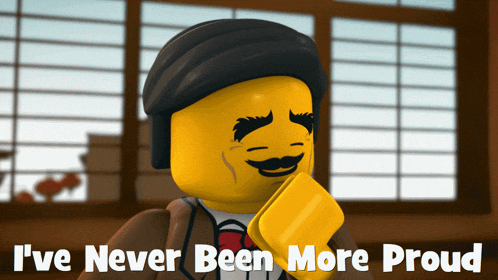 a picture of a lego man with the words i 've never been more proud below him
