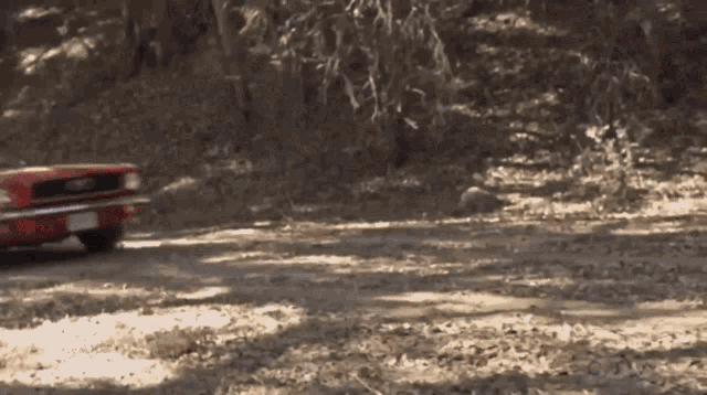 a red car is driving on a dirt road