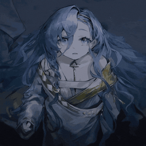 a drawing of a girl with long blue hair and a glowing object in front of her face