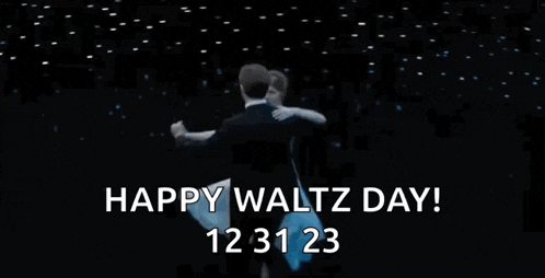 a man and a woman are dancing in front of a black background and the words happy waltz day .