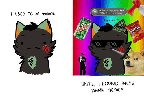 a drawing of a dog next to a can of mountain dew and doritos chips