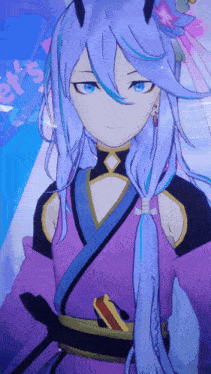 a girl with long purple hair and blue eyes is standing in front of a sign that says " let 's "