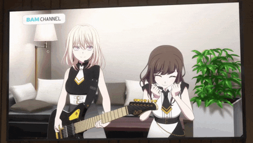 two anime girls are playing guitars in front of a sign that says bamchannel