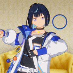 a girl in a blue and white jacket is sitting in a yellow chair