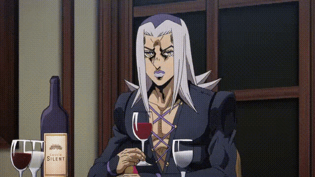 a cartoon character is sitting at a table with a bottle of wine and two glasses of red wine .