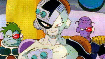 a group of cartoon characters are standing next to each other in a room . one of the characters is a robot .