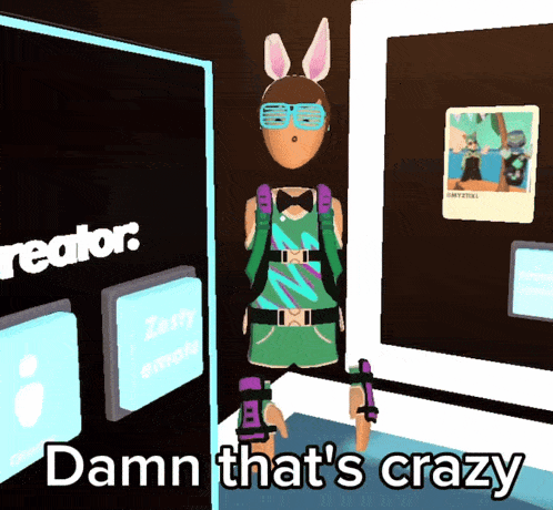 a cartoon character with bunny ears and a backpack says damn that 's crazy on the bottom