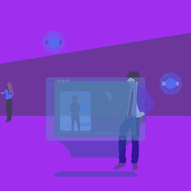 an illustration of a man standing in front of a computer screen with a purple background