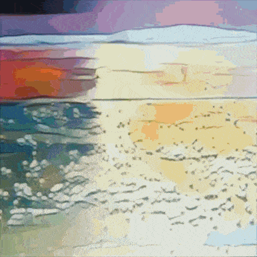 a painting of a beach with waves coming in and out of it