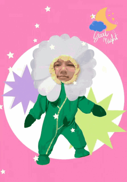 a child dressed in a flower costume with the words good night written on the bottom