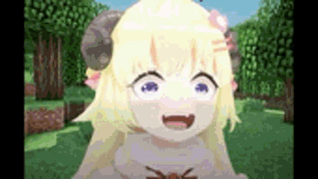 a girl with horns is sitting in a field in a video game and smiling .