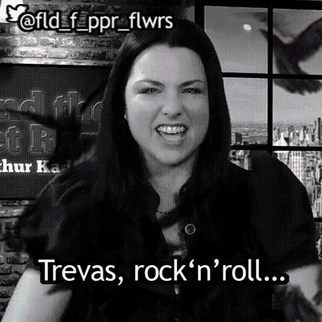 a black and white photo of a woman with the caption trevas rock n roll