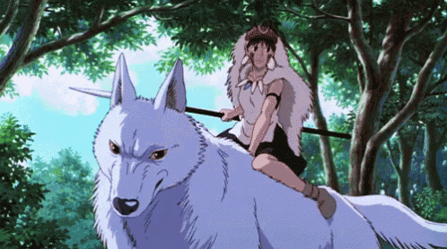 a girl is riding on the back of a white wolf with a spear .