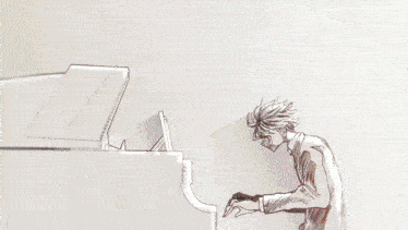 a black and white drawing of a person playing a piano keyboard