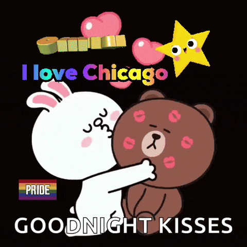 a cartoon of a rabbit kissing a bear with the words i love chicago goodnight kisses