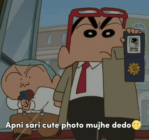 a cartoon of a man holding a badge with the words " apni sari cute photo mujhe dedo " at the bottom