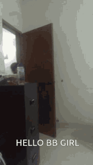 a picture of a room with the words hello bb girl