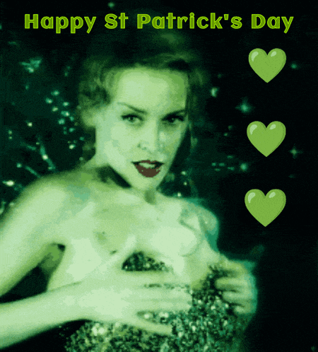 a greeting card for st patrick 's day with a naked woman and green hearts