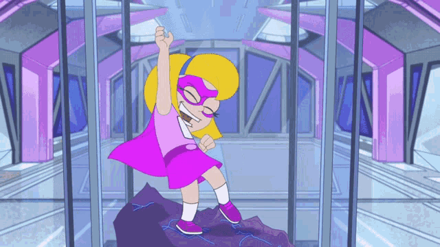 a cartoon girl wearing a pink cape and mask is standing on a rock