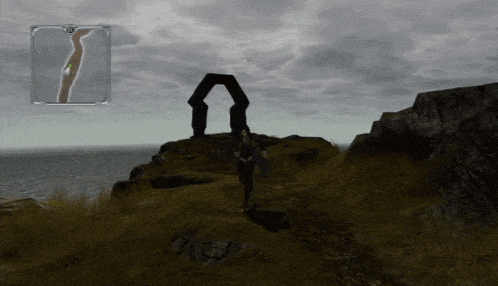 a screenshot of a video game shows a woman standing in front of a large stone archway