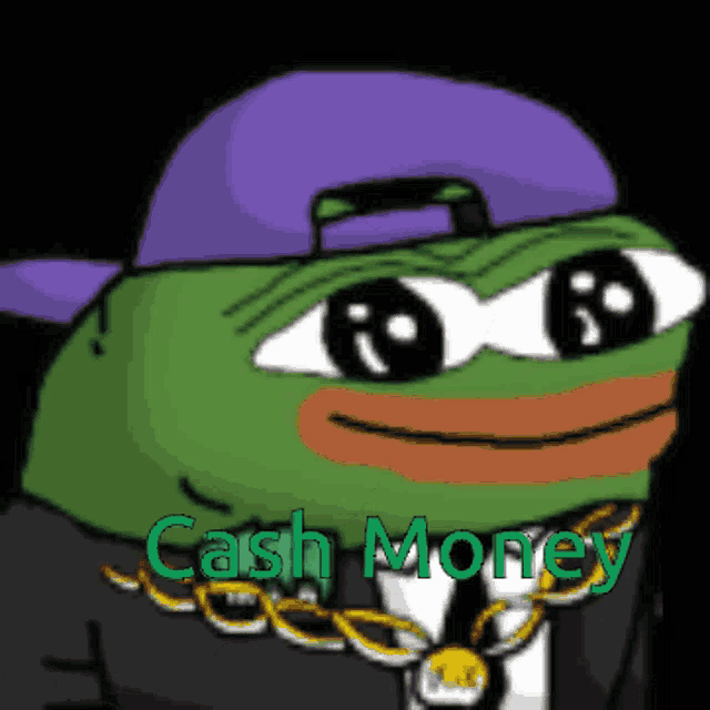 a cartoon frog wearing a purple hat and a gold chain with the words cash money below him