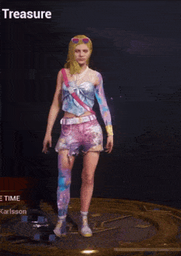 a woman in a colorful outfit is standing in front of a treasure sign
