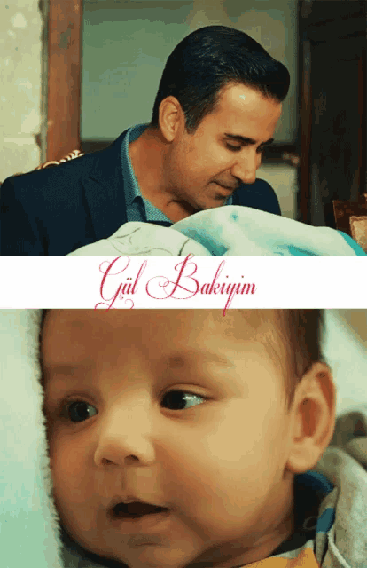 a man is holding a baby in front of a poster that says gul bakiyim