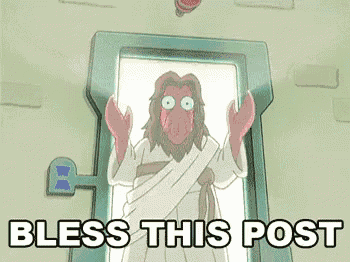 a cartoon of jesus standing in a doorway with the words bless this post written below him .