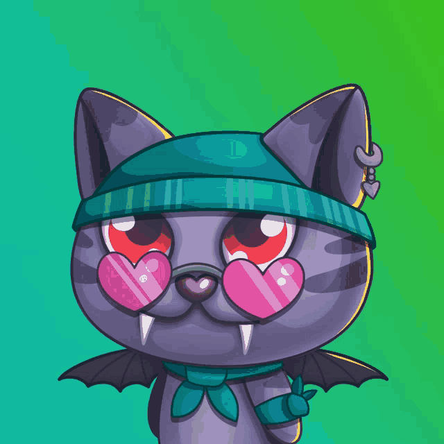 a cartoon cat wearing a hat and heart shaped glasses