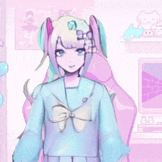 a pixel art of a girl sitting in a pink chair